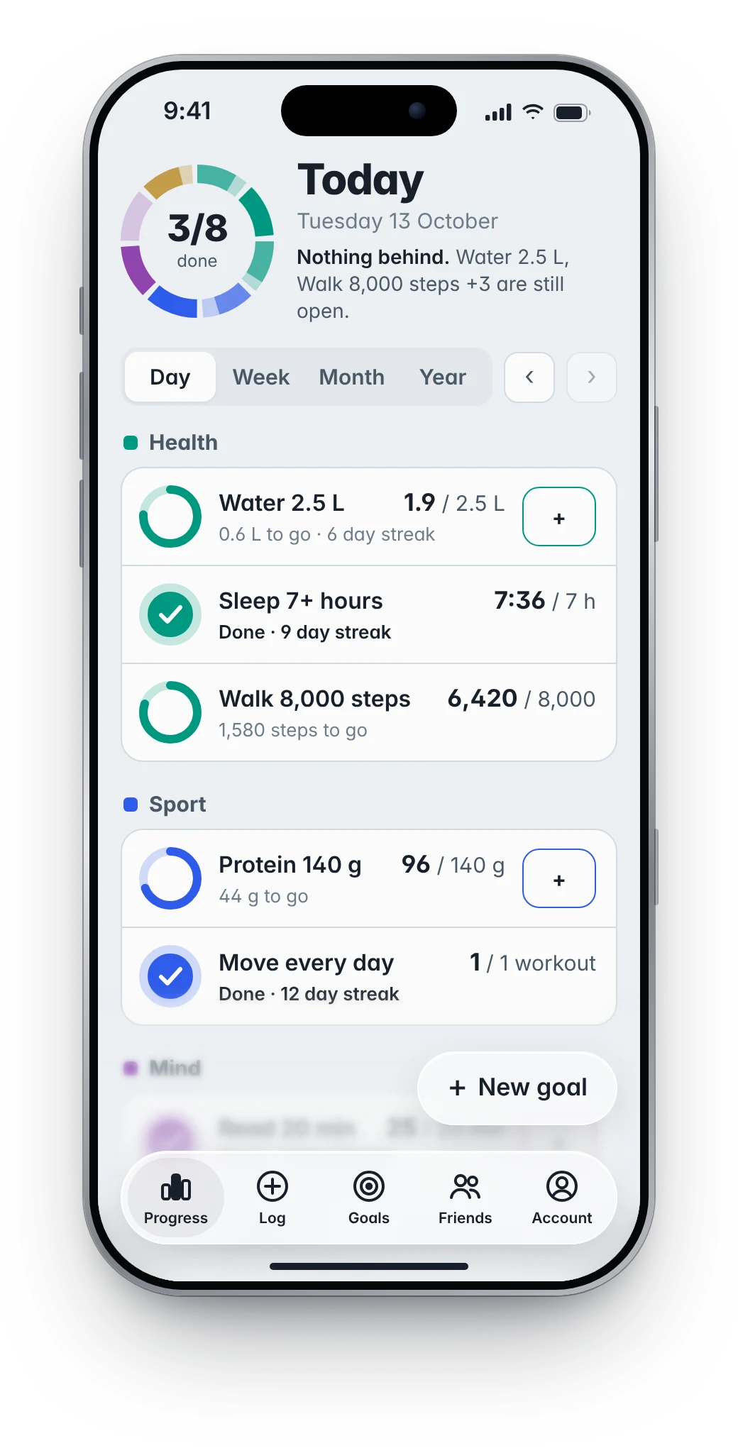 Diemly on iPhone: a ring at the top shows 3 of 8 goals done today, next to the date and what is still open. Below, goals such as water, sleep, steps and protein, each with a ring of its own.